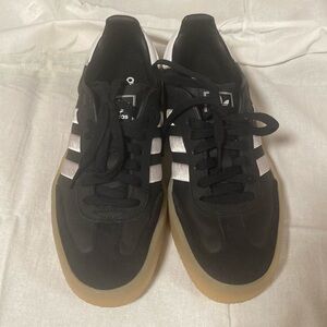 Womens Adidas Sambae, black leather with white stripe and gum soles